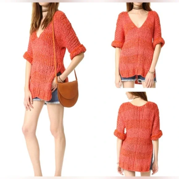 New Free People Women’s Sweater Georgia V-neck Tunic 2 Sleeve Size Small Red$148 - Picture 2 of 14